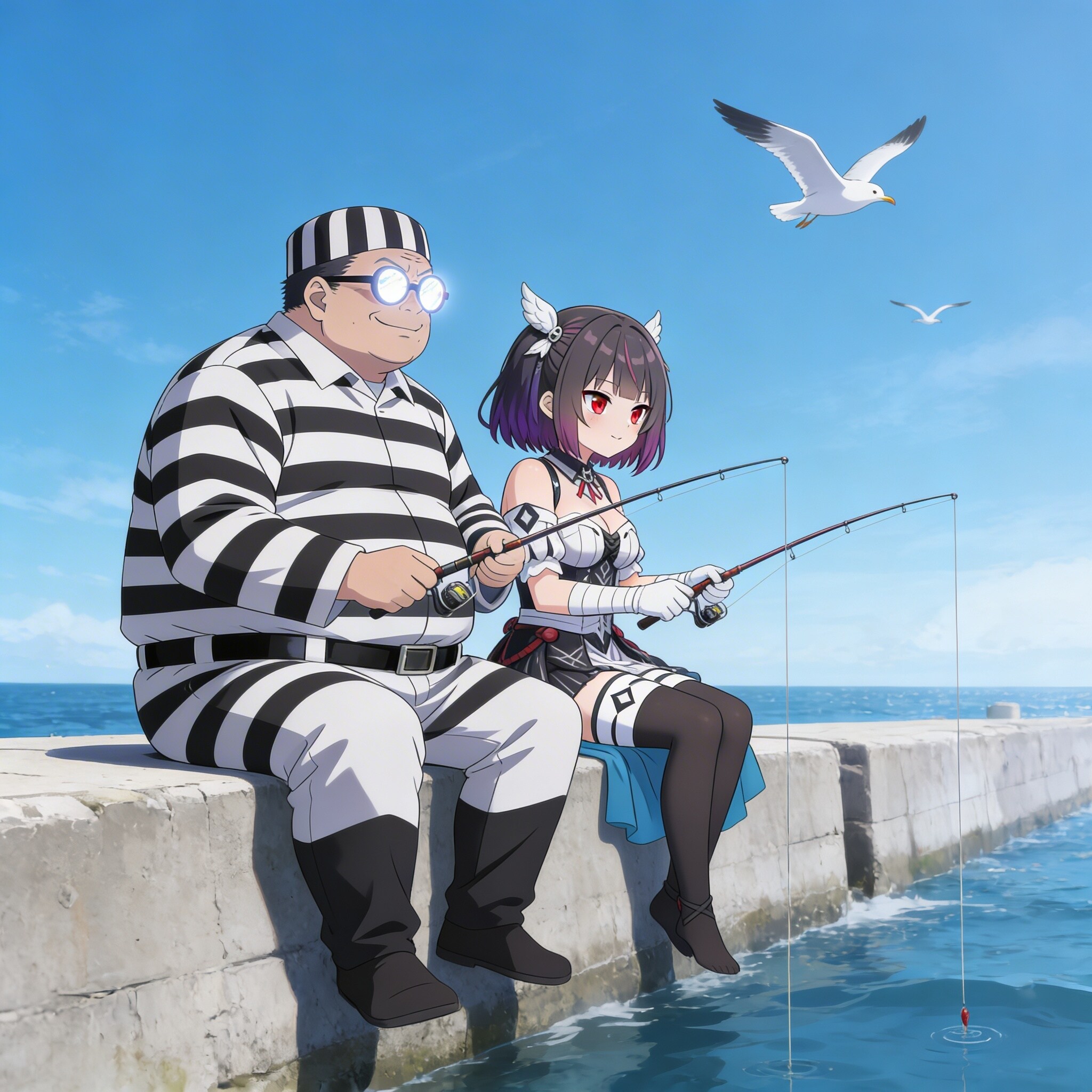 海釣りをする作者とミテルちゃん