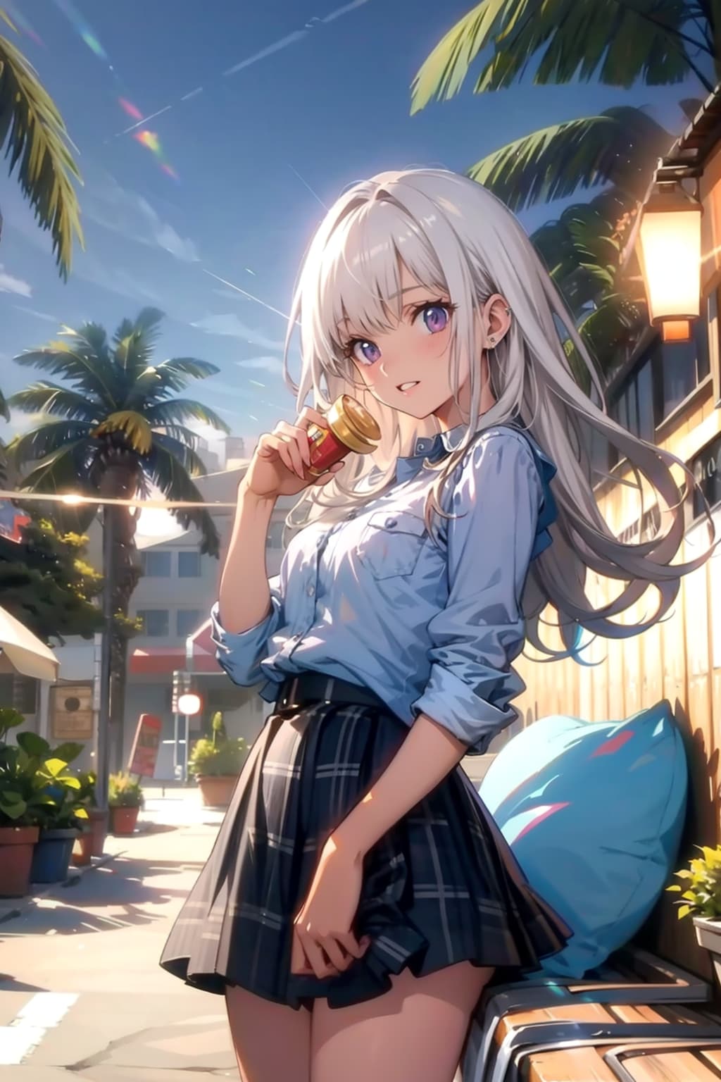 生活道路で何か持ってる銀髪ロングの女の子