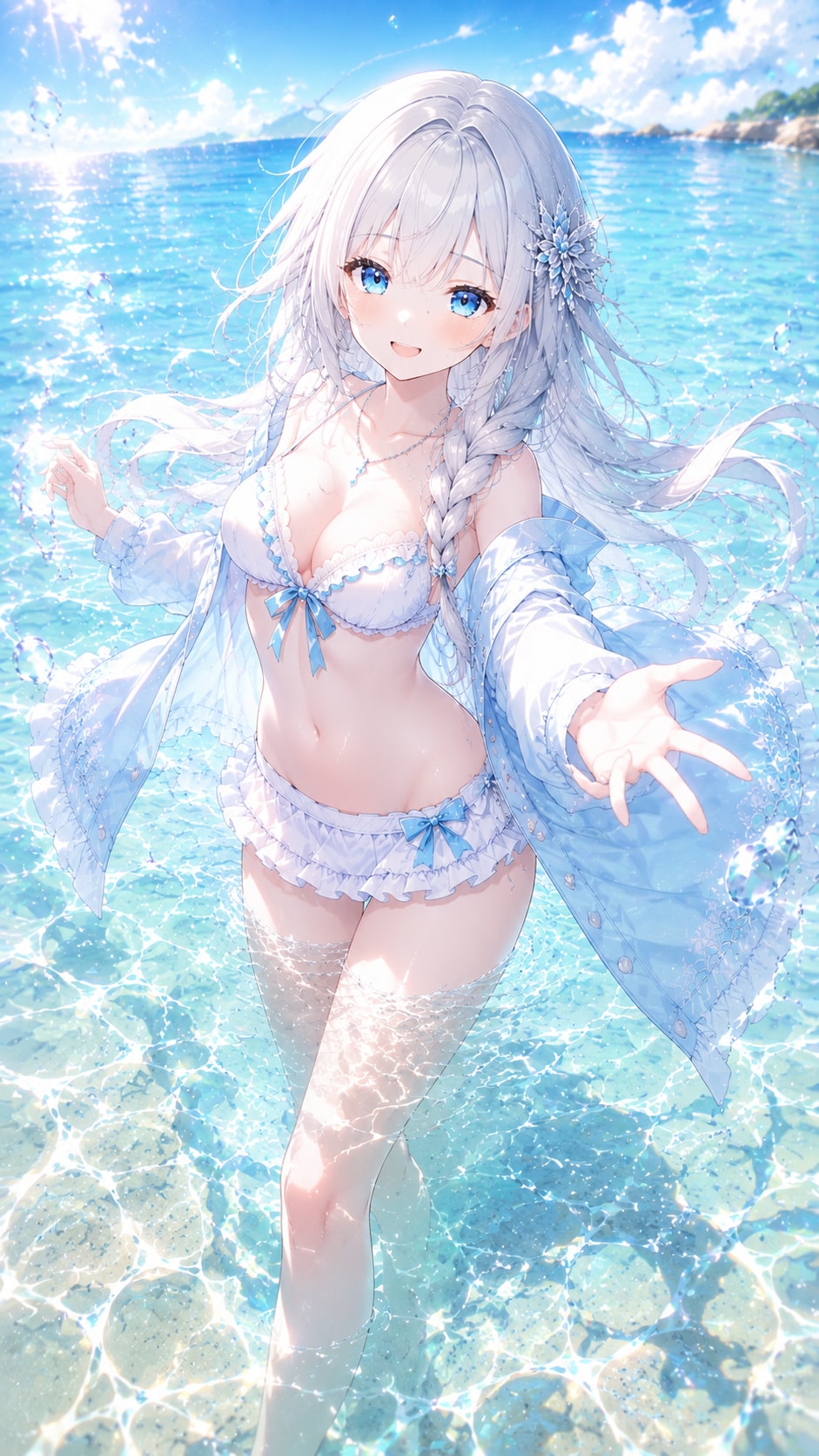 青い海の中で微笑む少女