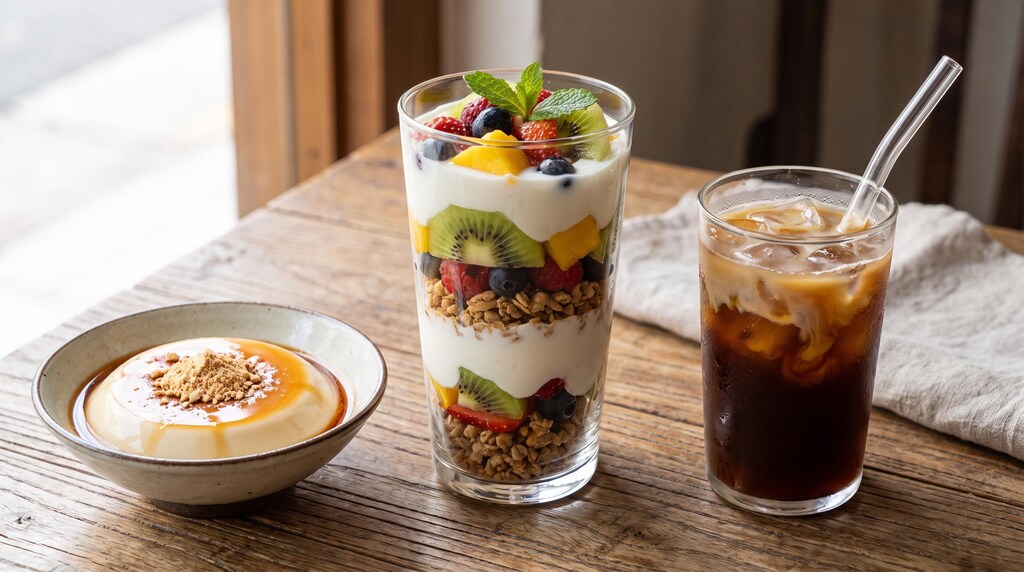 デザートの豆乳プリンとヨーグルトフルーツパフェのセット