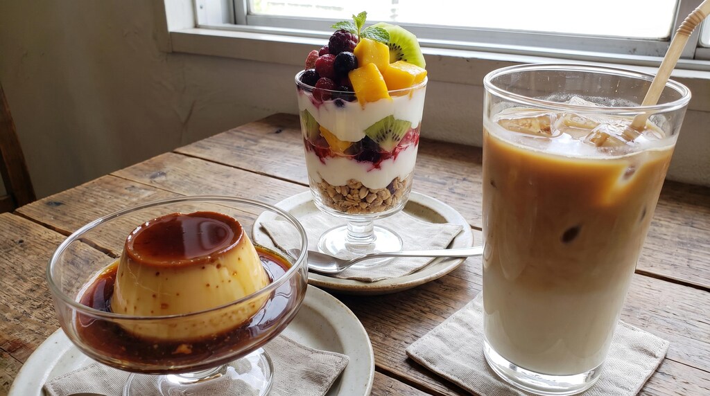 デザートの豆乳プリンとヨーグルトフルーツパフェのセット