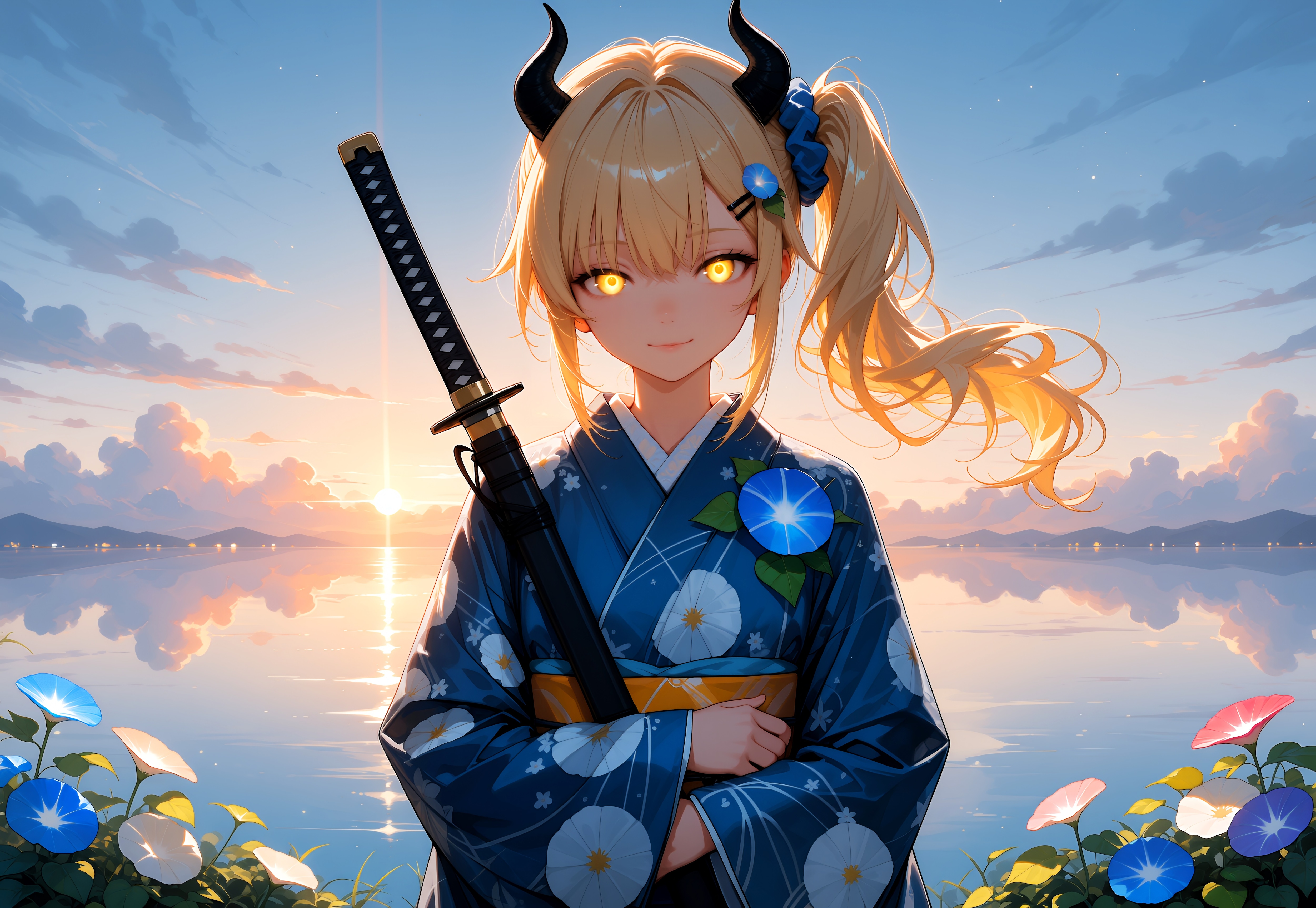 朝焼けの朝顔と着物女鬼高生さん | の人気AIイラスト・グラビア