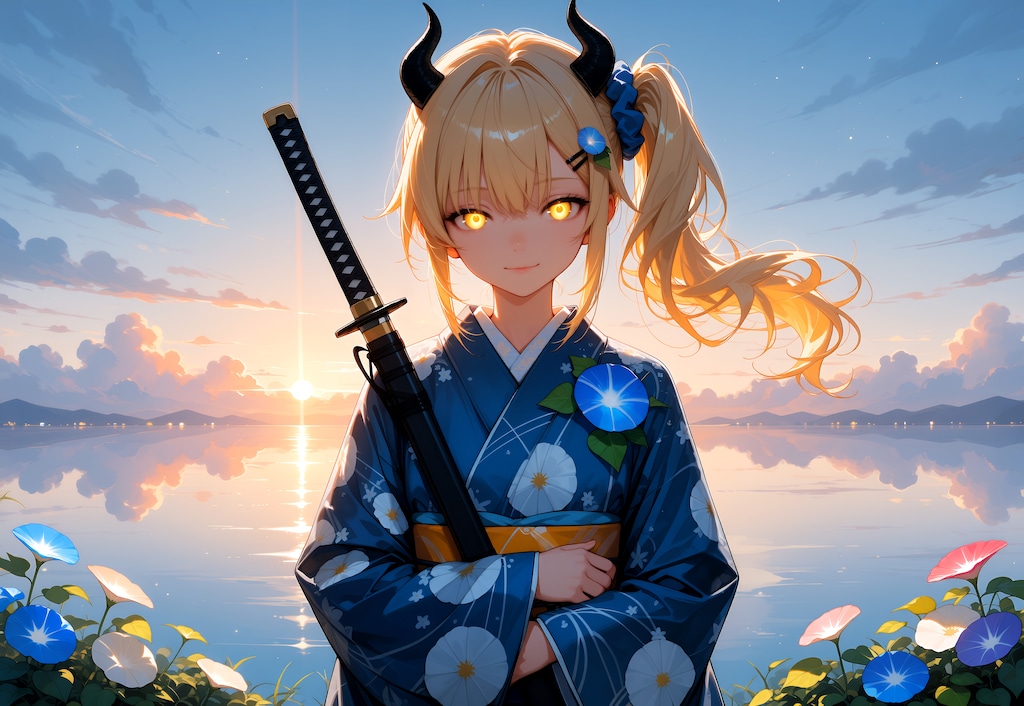 朝焼けの朝顔と着物女鬼高生さん