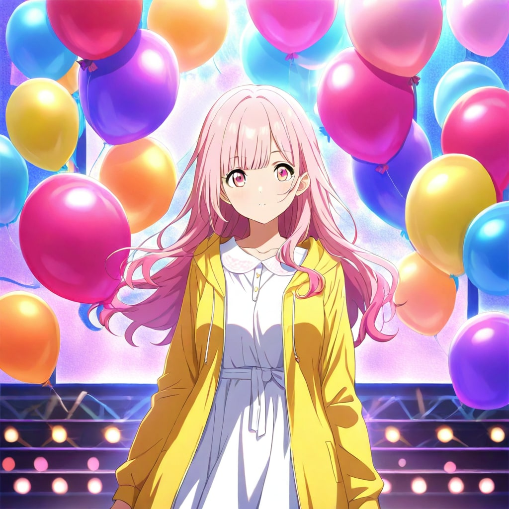 イベント会場でいっぱい風船を膨らませて遊ぶピンク髪の美少女。 | の人気AIイラスト・グラビア