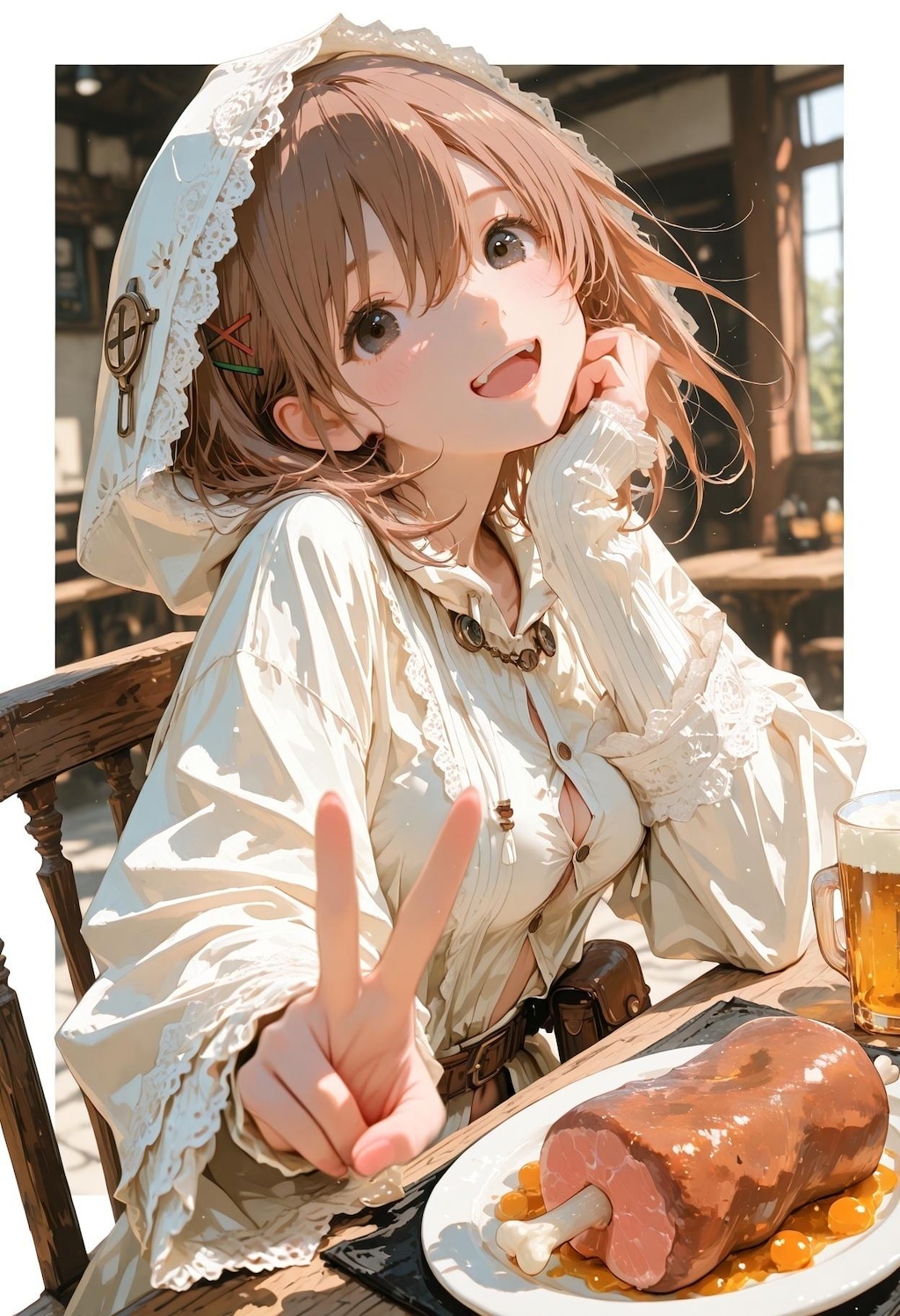 ダンジョン攻略後のビールとお肉、最高～♪