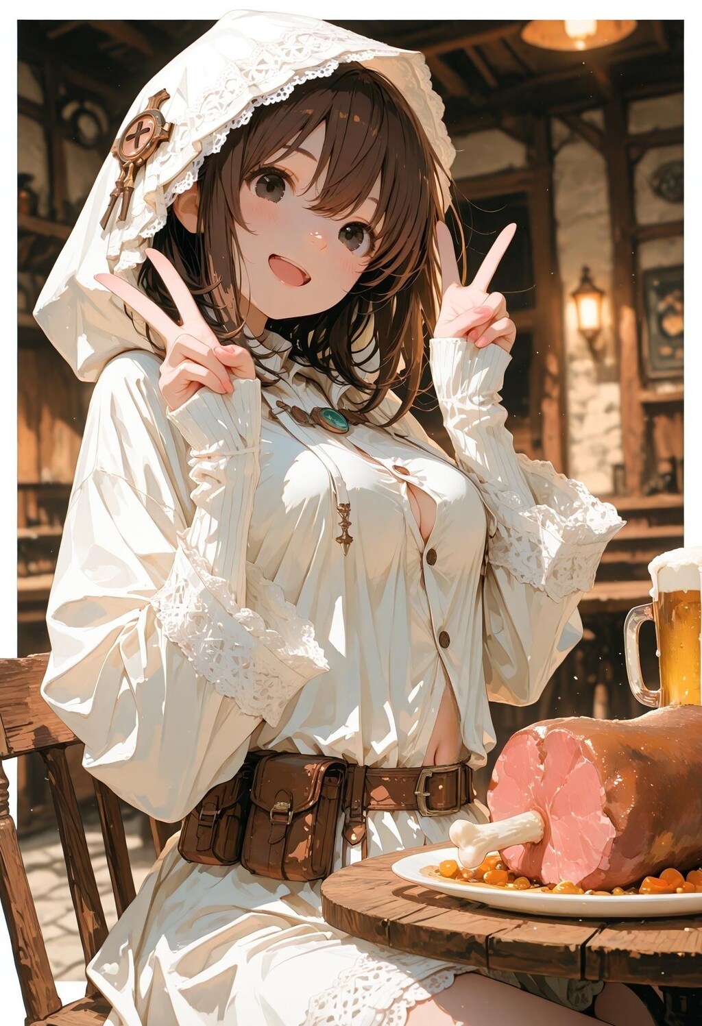 ダンジョン攻略後のビールとお肉、最高～♪