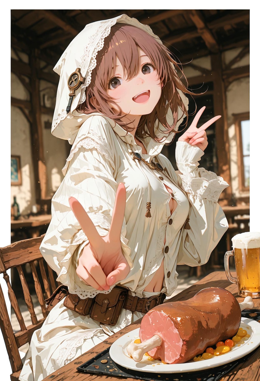 ダンジョン攻略後のビールとお肉、最高～♪