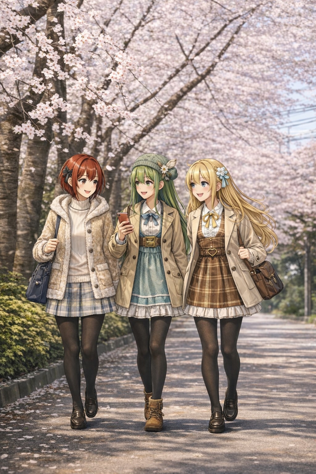 桜並木を歩く三人 ― 春光に溶けるフォトリアルアニメ融合 | の人気AIイラスト・グラビア