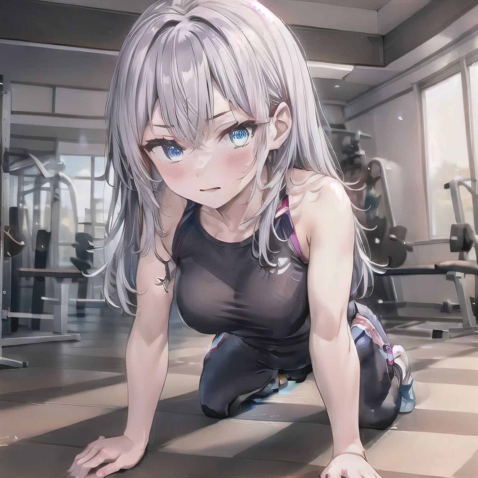 灰髪ロングで筋トレの少女２ | の人気AIイラスト・グラビア