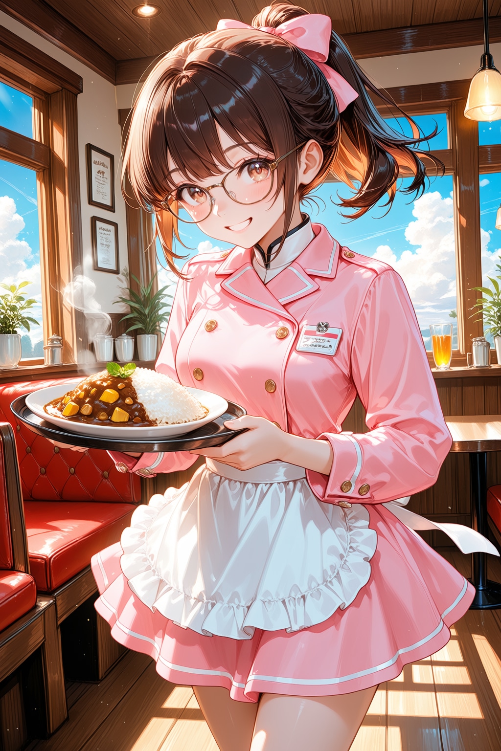 カレーライスを運ぶポニテで眼鏡のスーツ系制服のウェイトレスさん