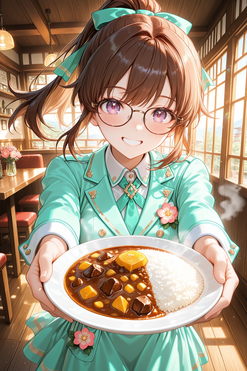 カレーライスを運ぶポニテで眼鏡のスーツ系制服のウェイトレスさん