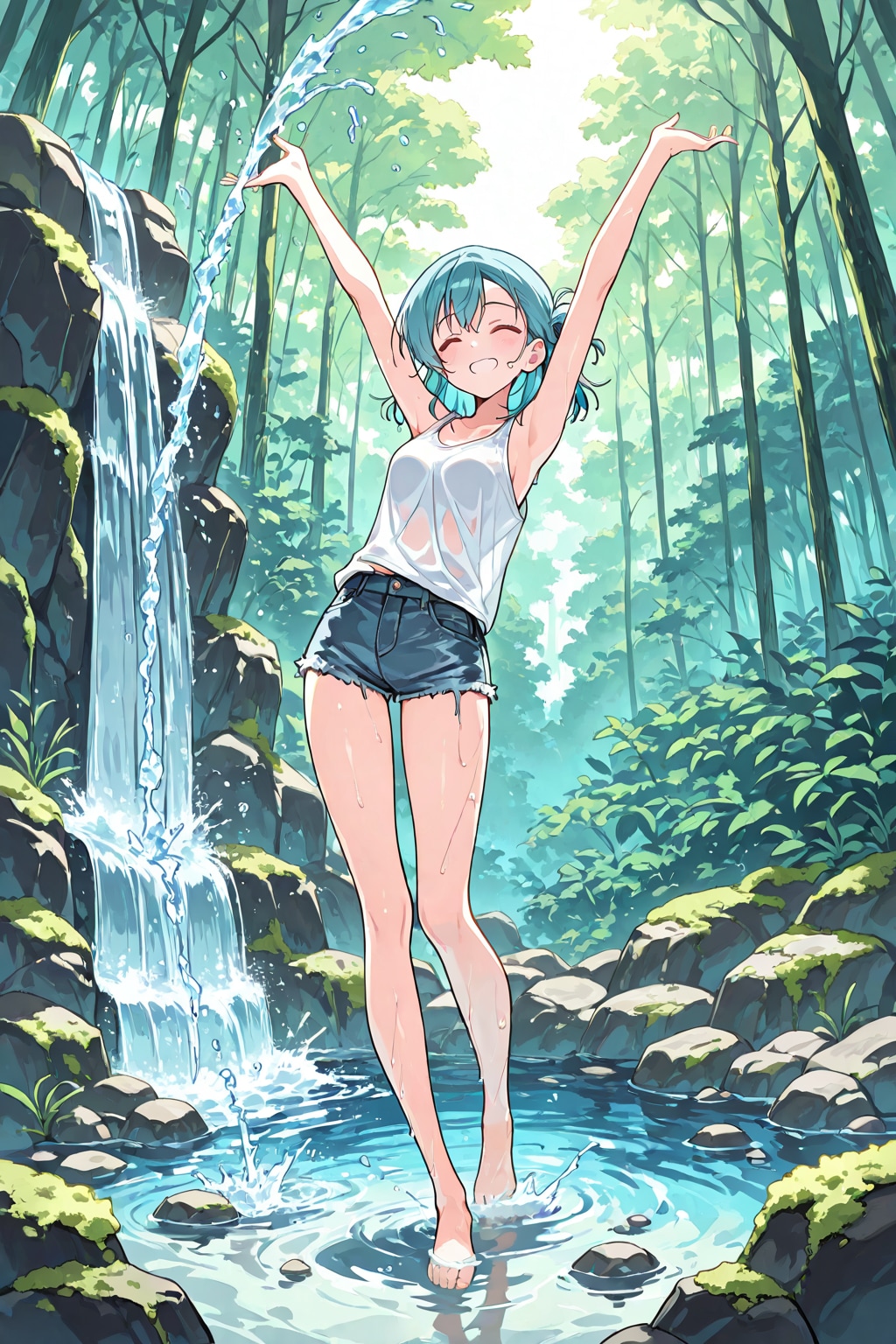 滝つぼで、水しぶきを浴びて。