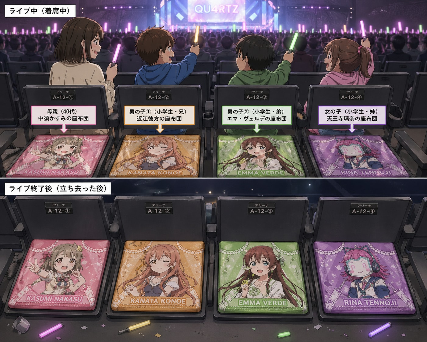 母親と兄弟たちが座る虹ヶ咲学園スクールアイドル同好会のライブ席