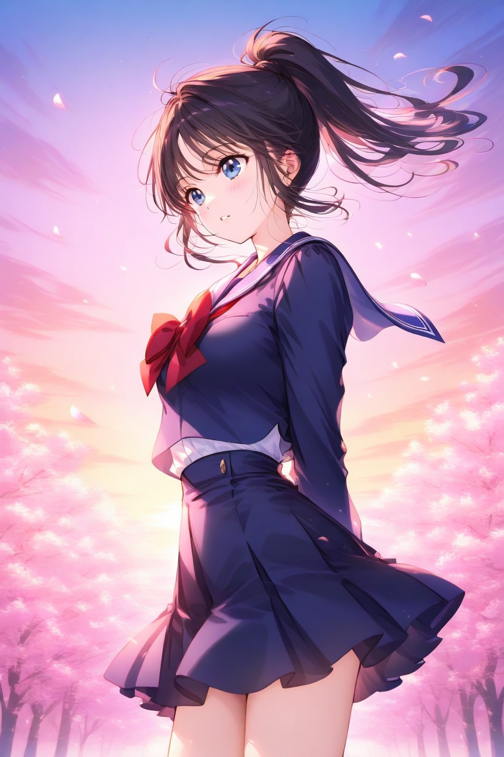 桜と夕日とセーラー服