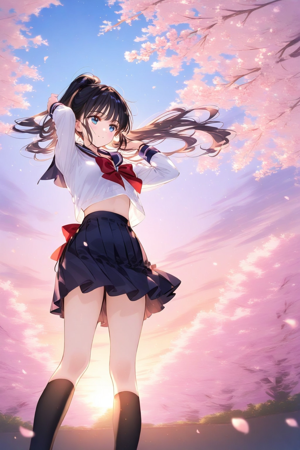桜と夕日とセーラー服 | の人気AIイラスト・グラビア