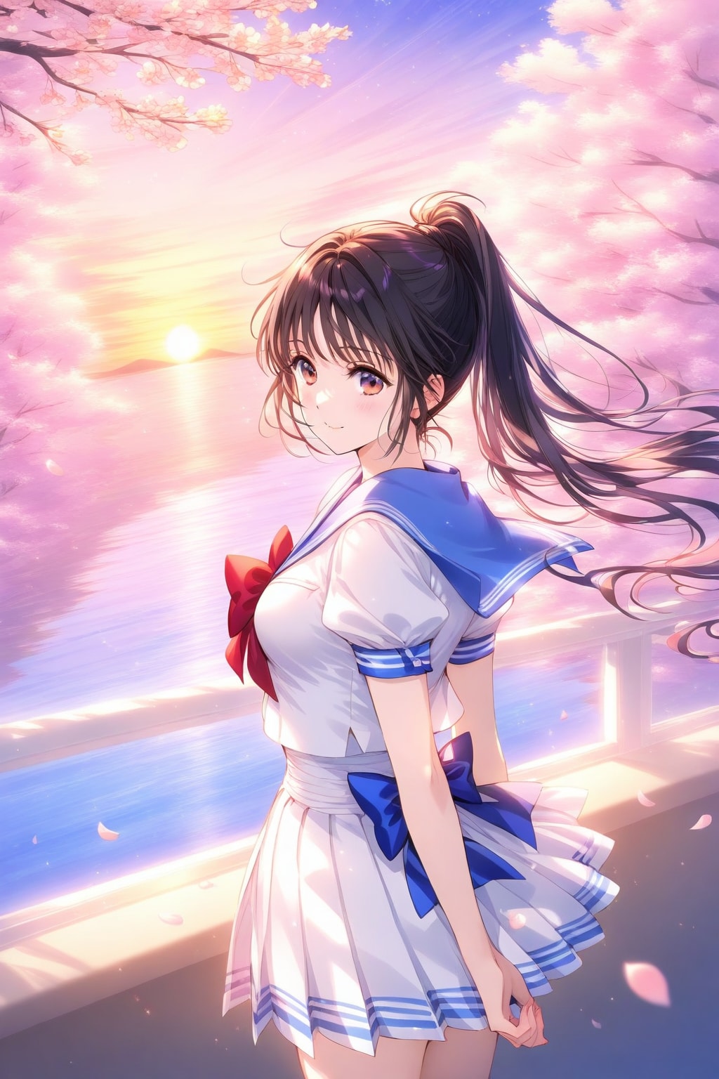 桜と夕日とセーラー服