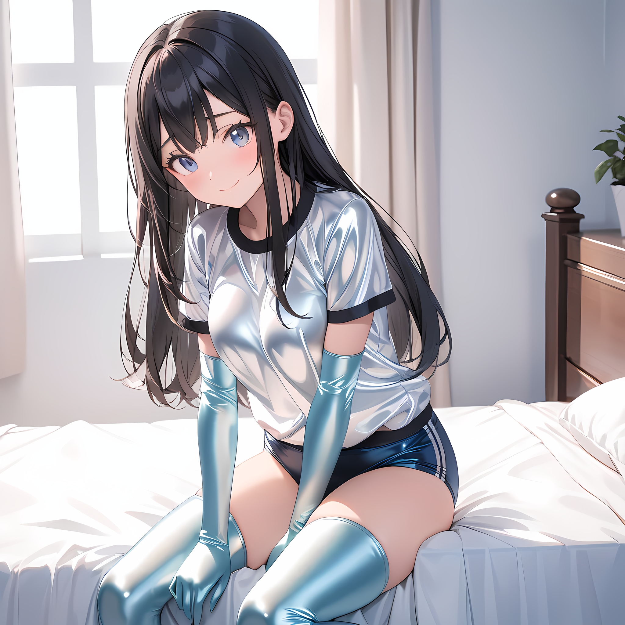 紺縁銀色体操服長手袋サイハイソックス