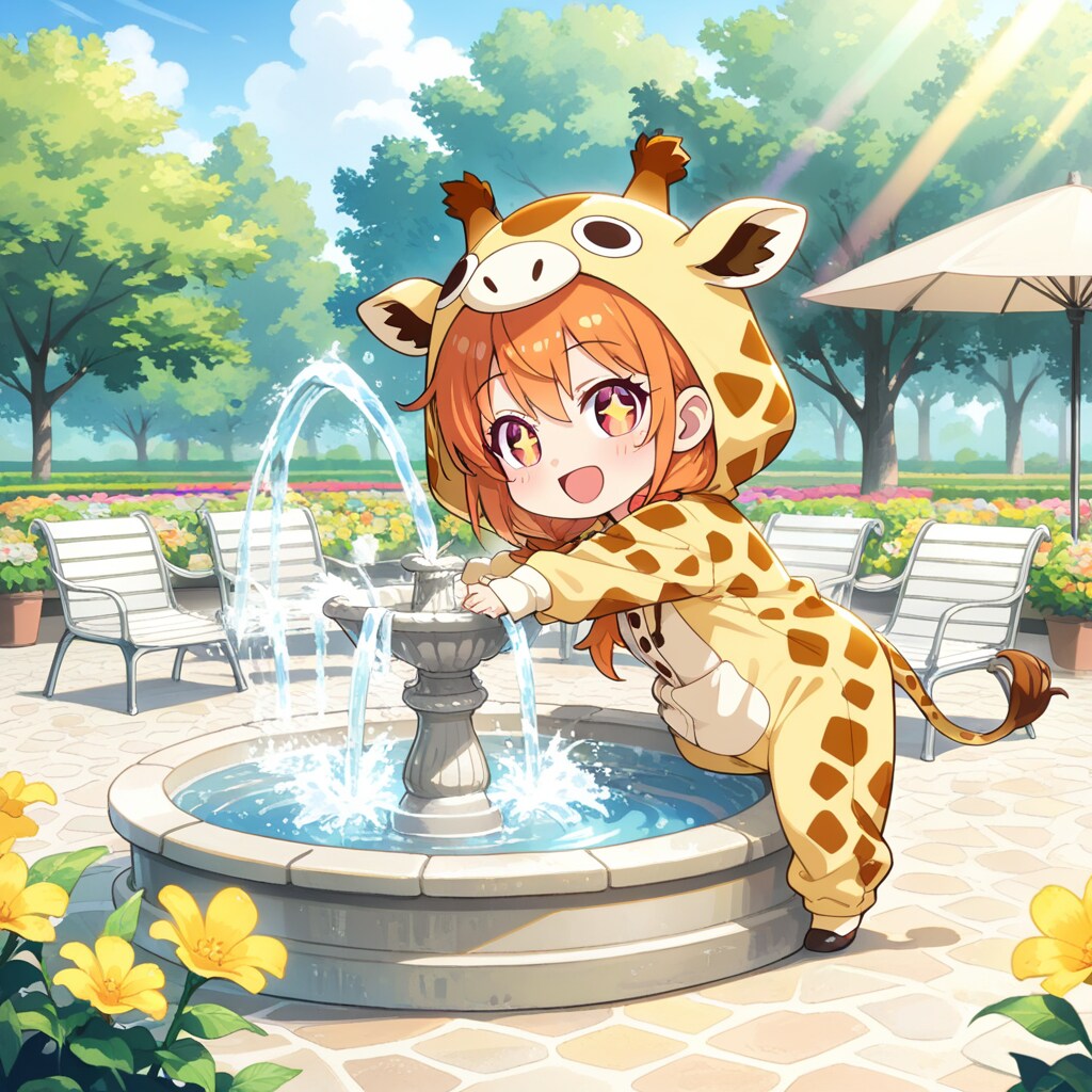 噴水で涼しく遊ぶキリン着ぐるみちび子ちゃん | の人気AIイラスト・グラビア