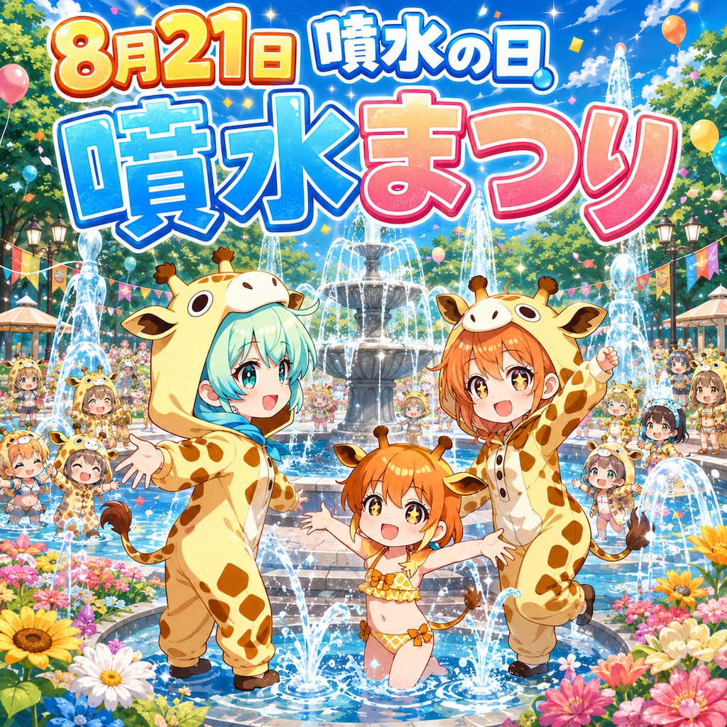 噴水で涼しく遊ぶキリン着ぐるみちび子ちゃん