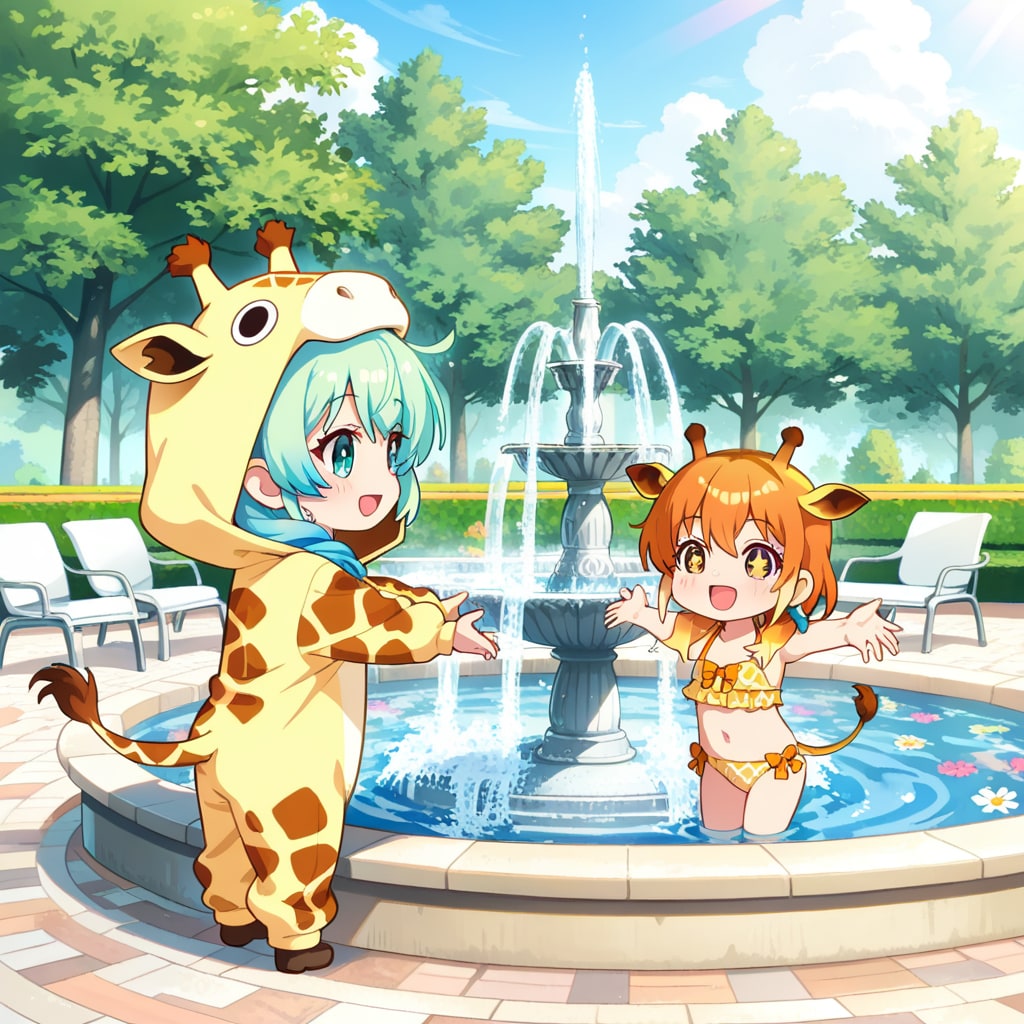 噴水で涼しく遊ぶキリン着ぐるみちび子ちゃん