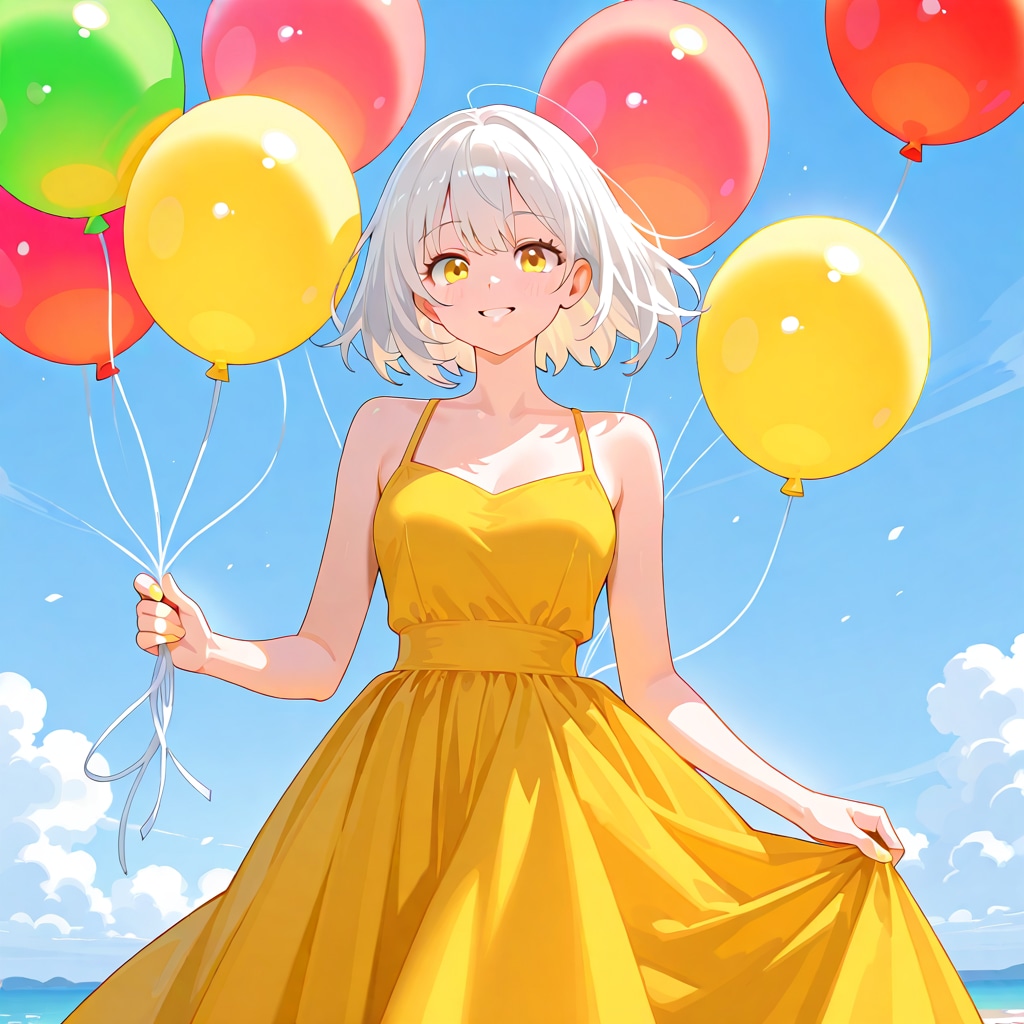 いっぱい色とりどりの風船を持つ白い髪ロングの黄色のドレス着た美女