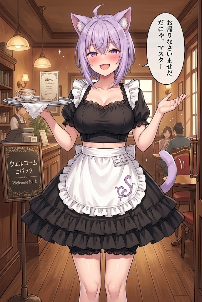 クラシックカフェのへそ出しメイド風のウェイトレスのシス | の人気AIイラスト・グラビア