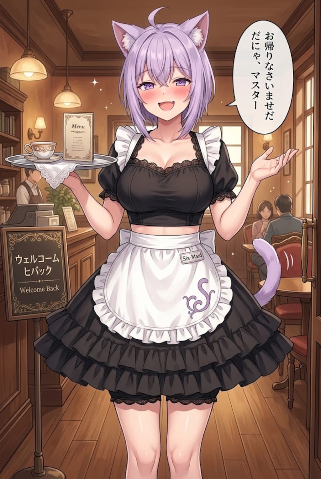 クラシックカフェのへそ出しメイド風のウェイトレスのシス