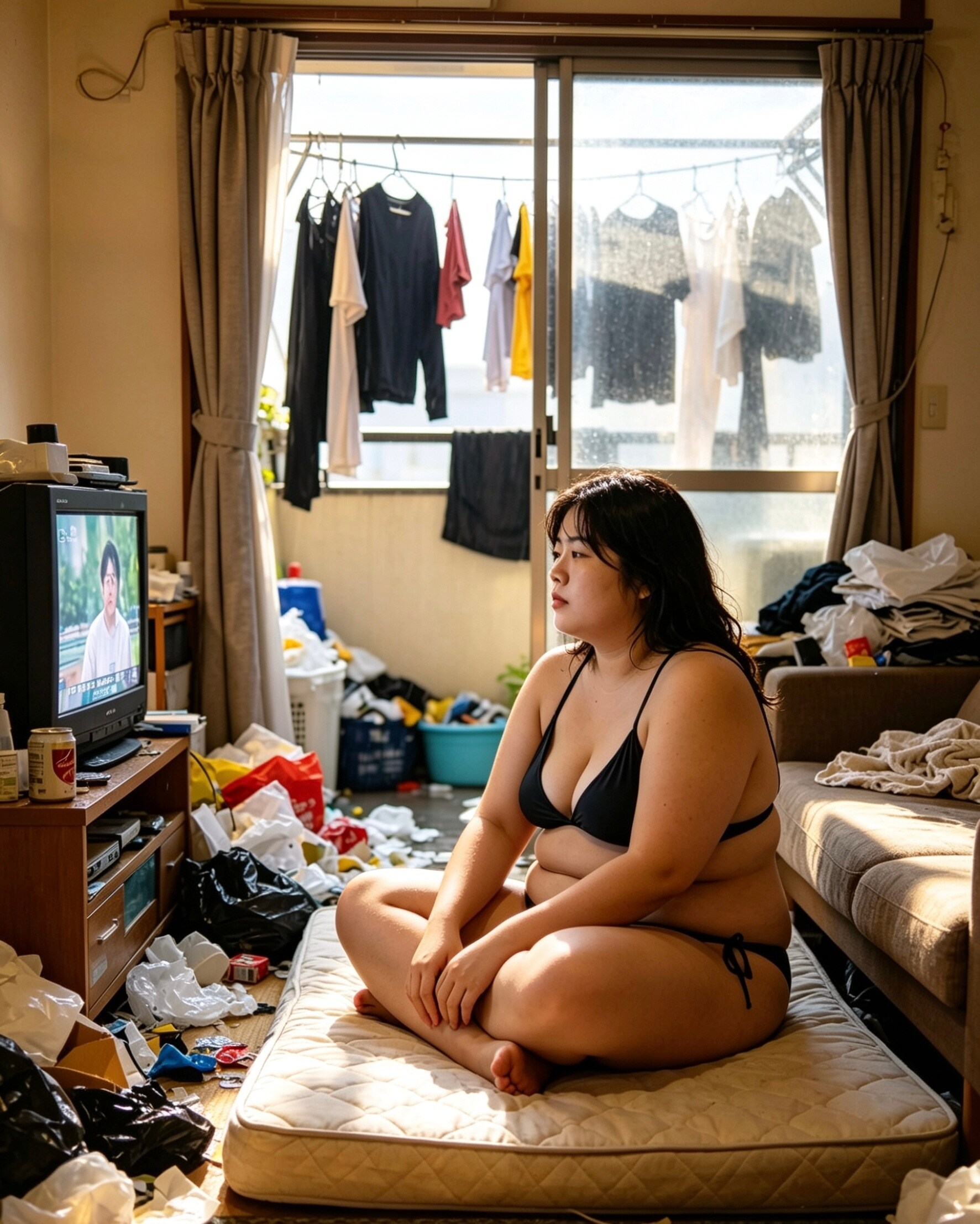 物が散らかってる部屋でテレビ見てるボインのビキニお姉さん