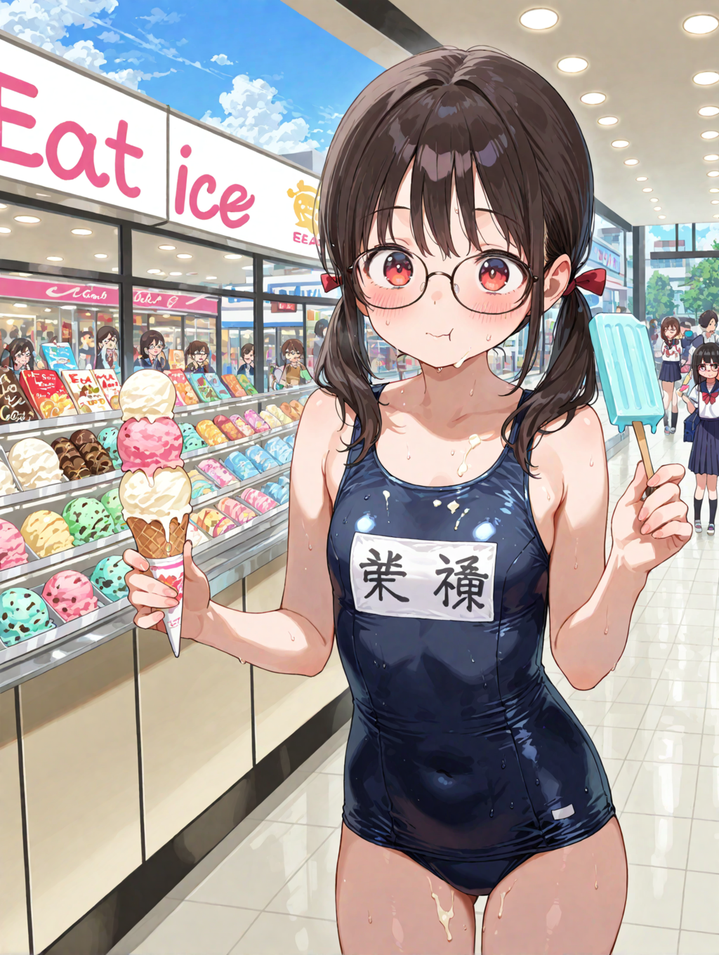 スク水モールでアイスを食べる眼鏡おさげちゃん