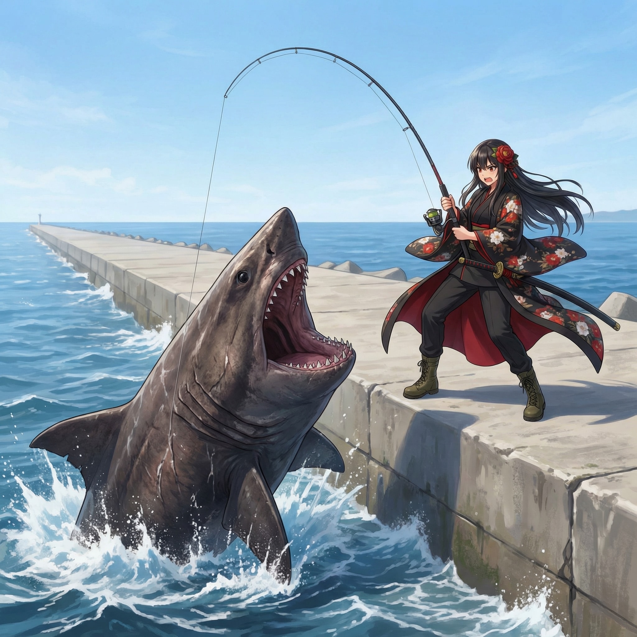 オンデンザメを釣り上げたツバキ | の人気AIイラスト・グラビア