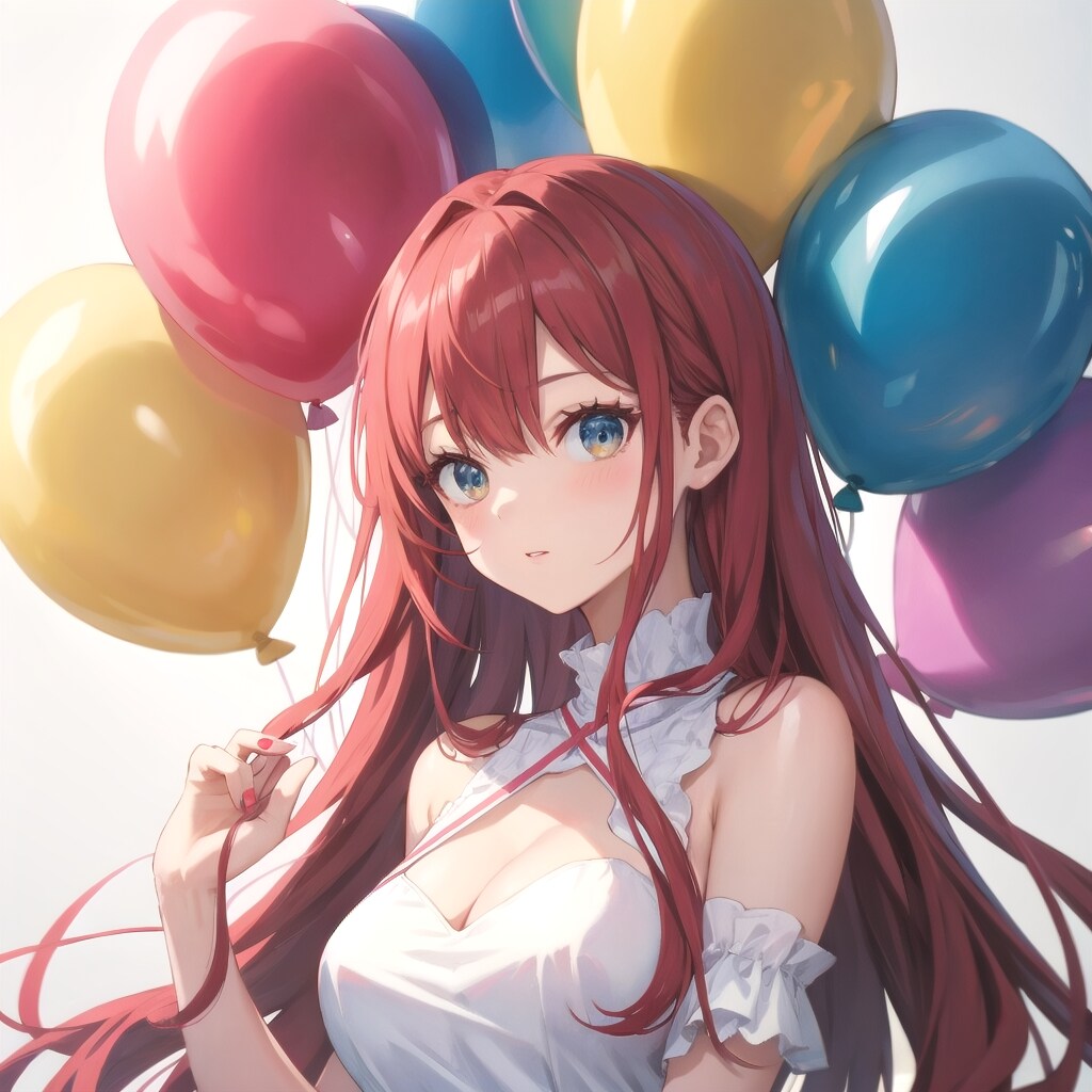 いっぱい風船を持つ赤い髪ロングの天使の美女。