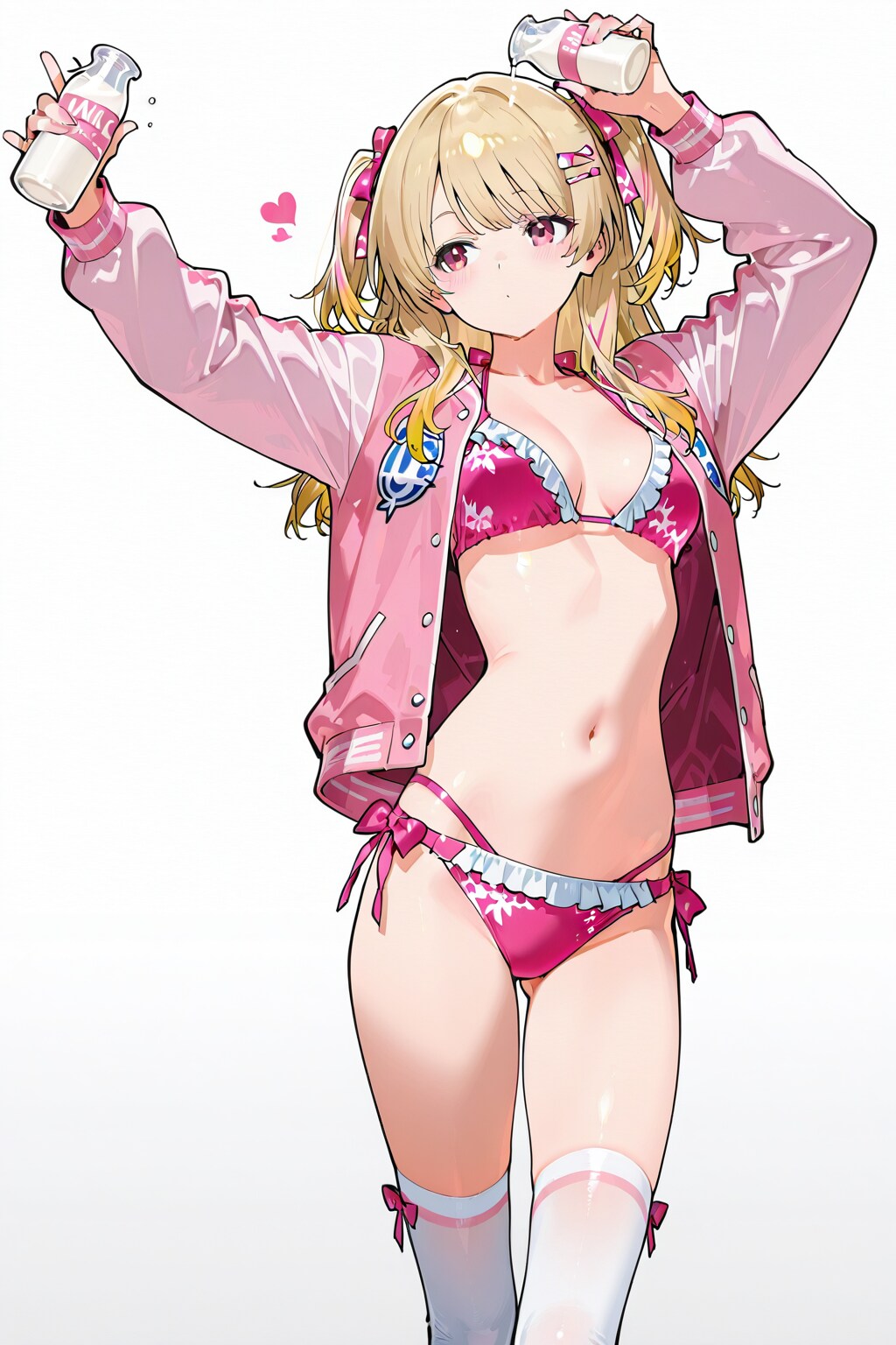 20260114ピンクのビキニとスタジャン風カーディガンの女性（牛乳瓶）