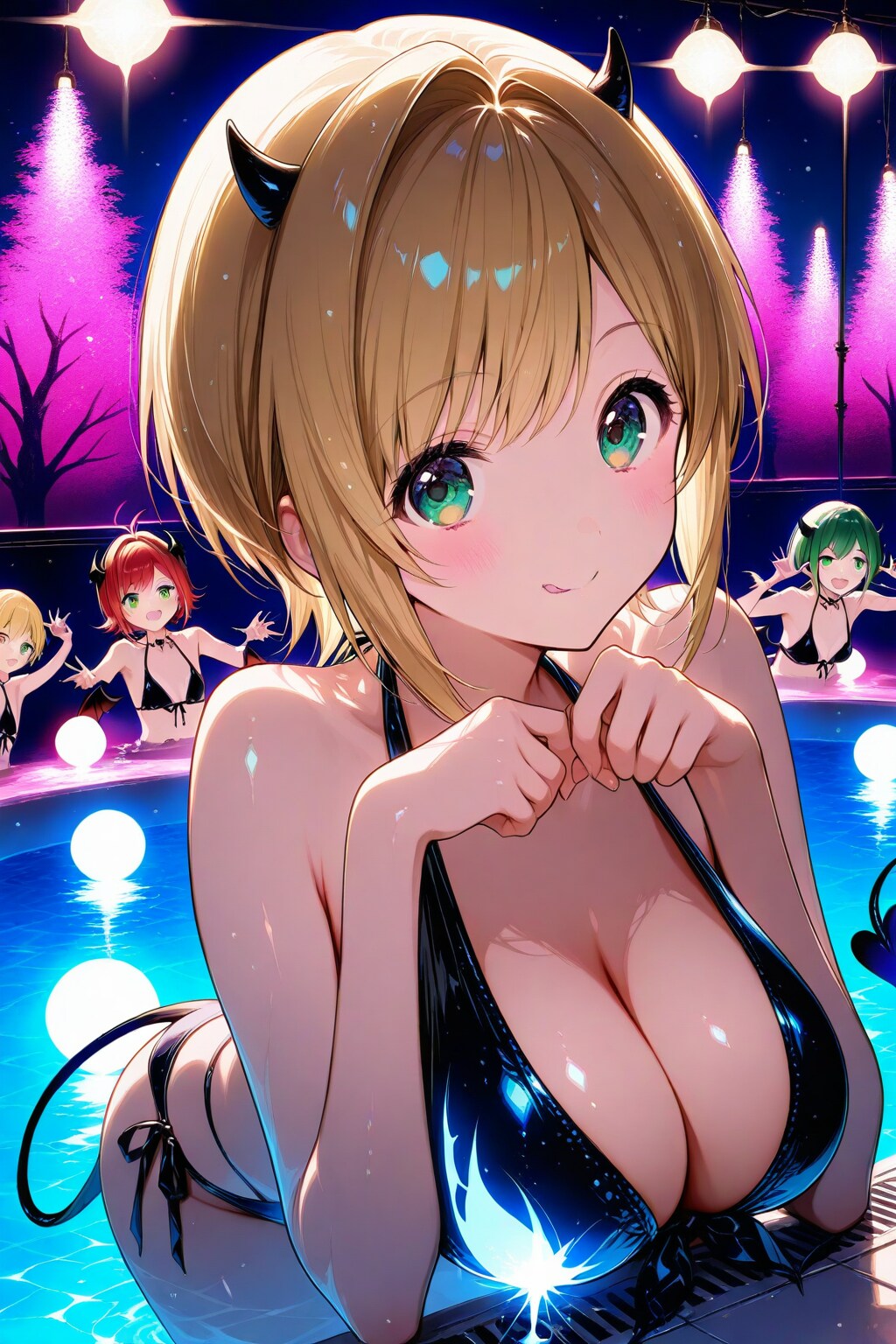 生成失敗だが小悪魔娘と小悪魔達とナイトプール👙🌃😈
