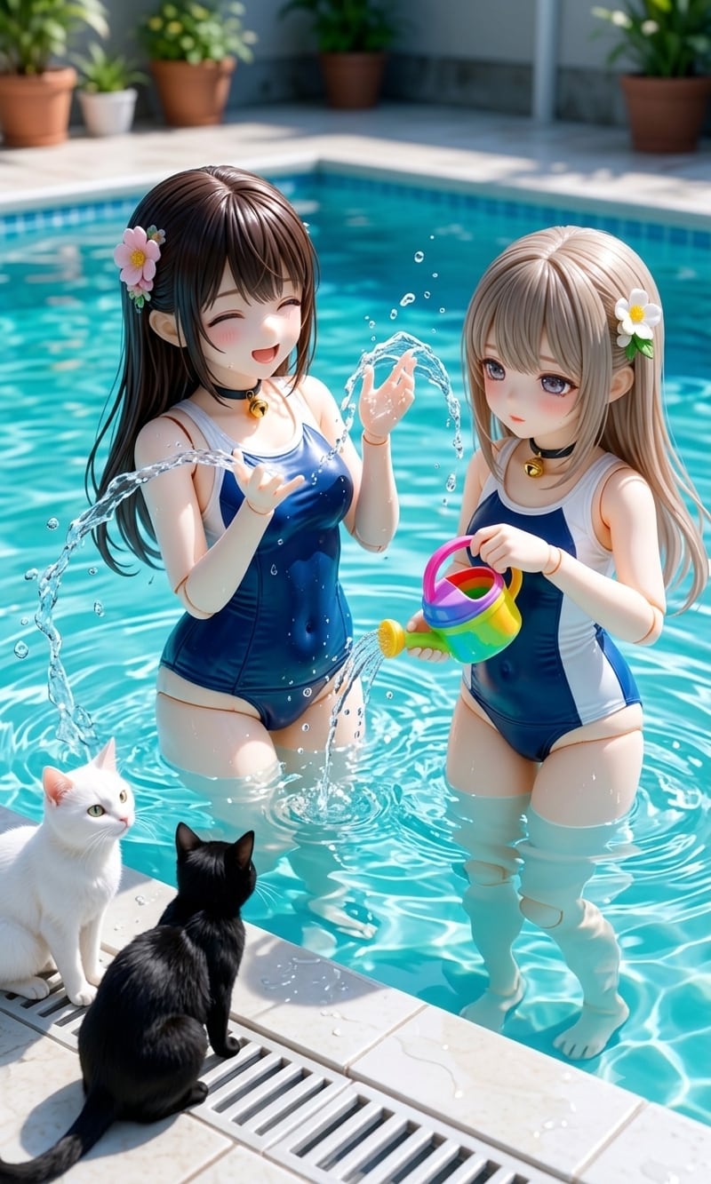 異世界制服少女達　スク水の少女と黒猫🐈‍⬛と白猫🐈　アクリルドールフィギュア