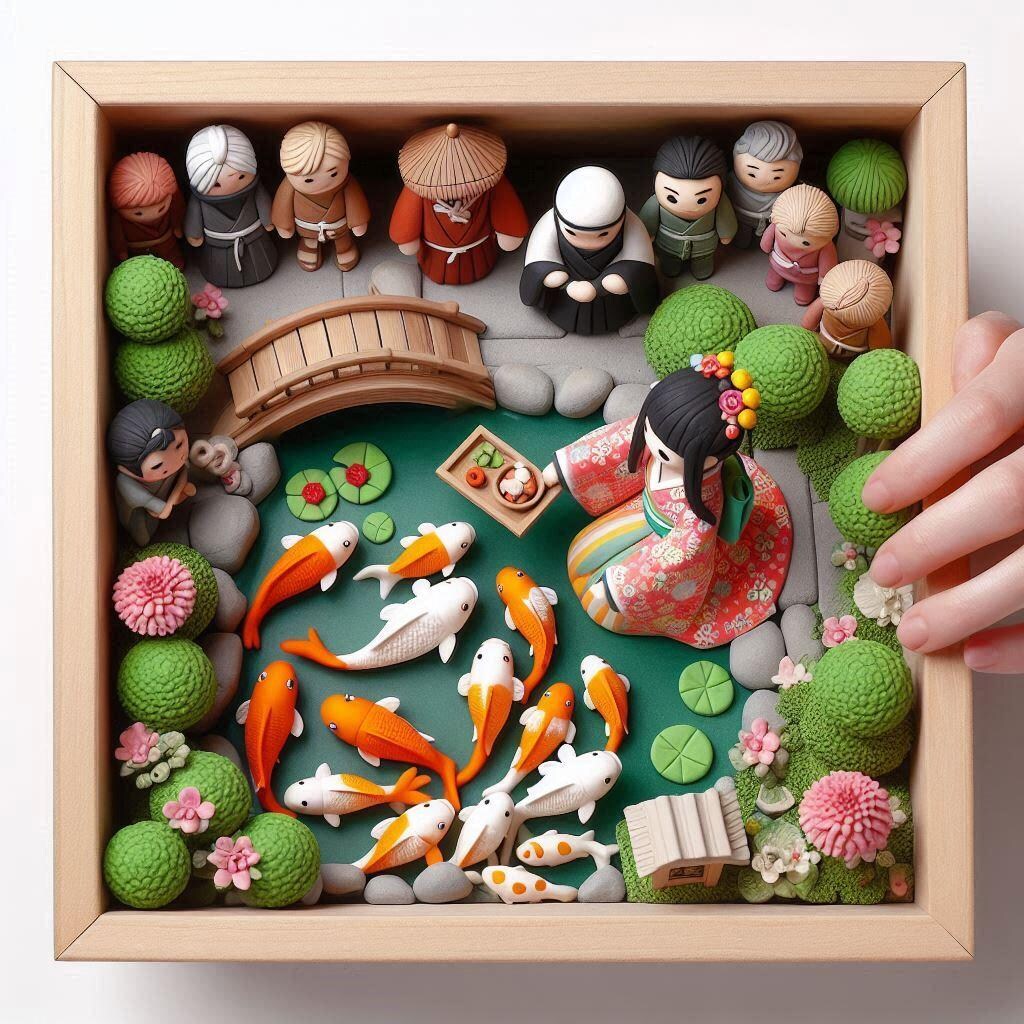 池の鯉に餌をやるお姫様と家来たち