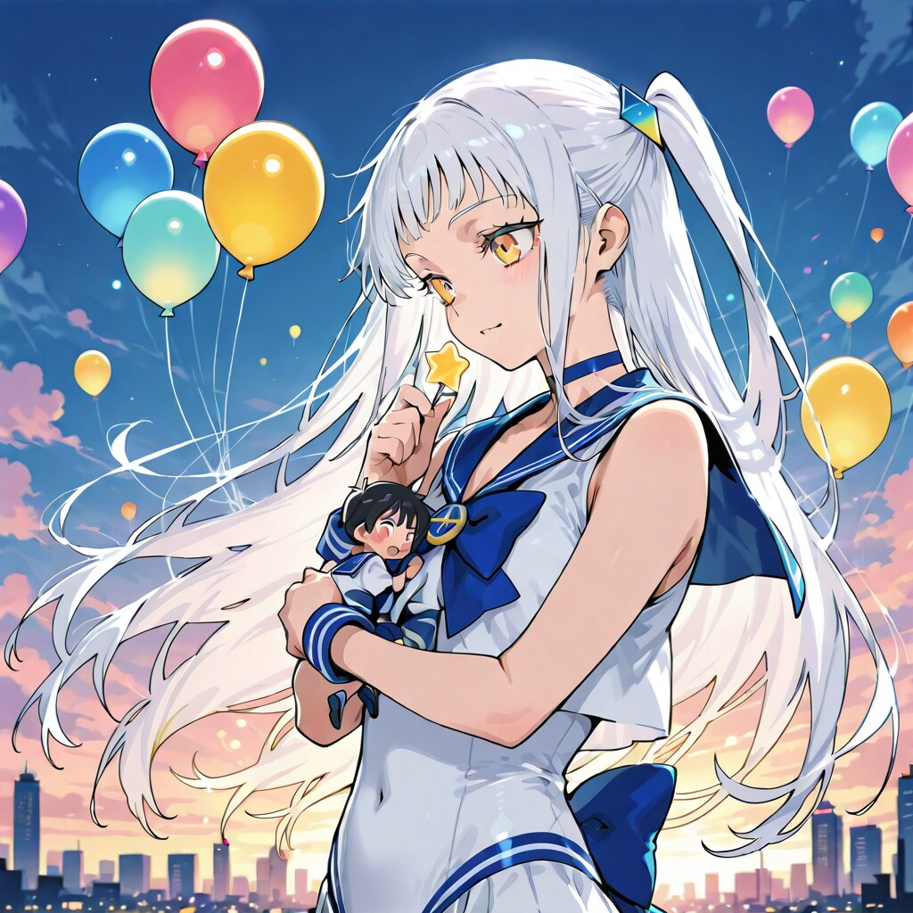 何故か勝手にチビキャラ出てる。いっぱい色とりどりの風船を持つ白い髪ロングのセーラー服着た美少女 | の人気AIイラスト・グラビア