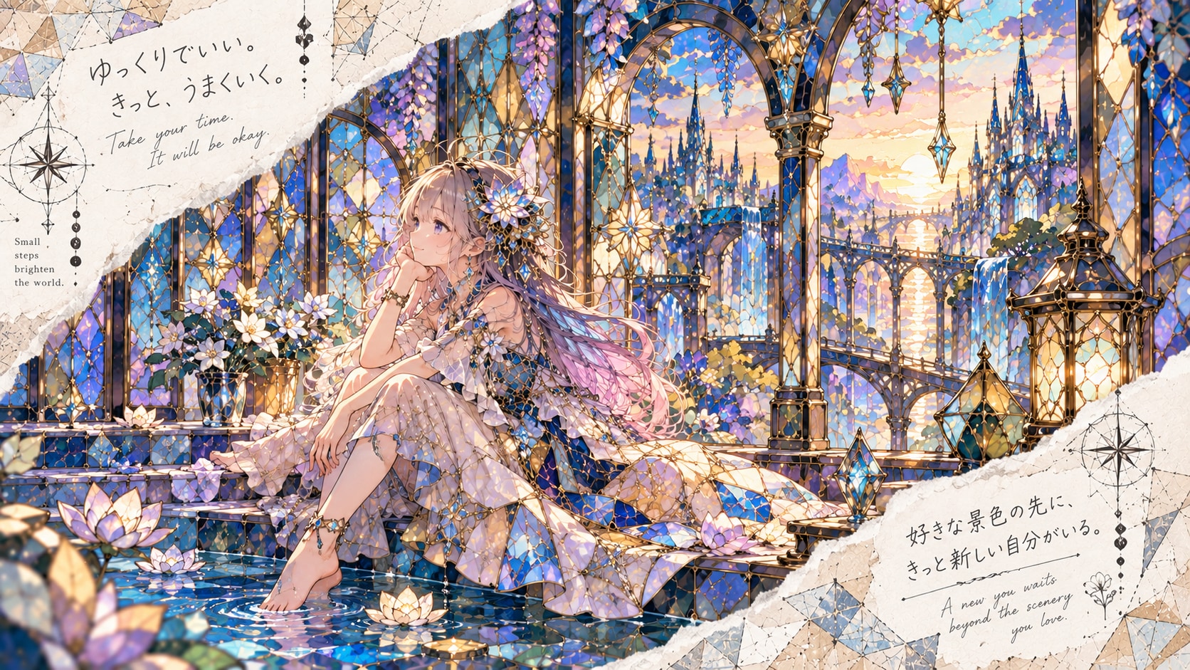 Feet resting in a lotus pool of light, a stained-glass palace opening onto a sunset city beyond.  Ta | の人気AIイラスト・グラビア