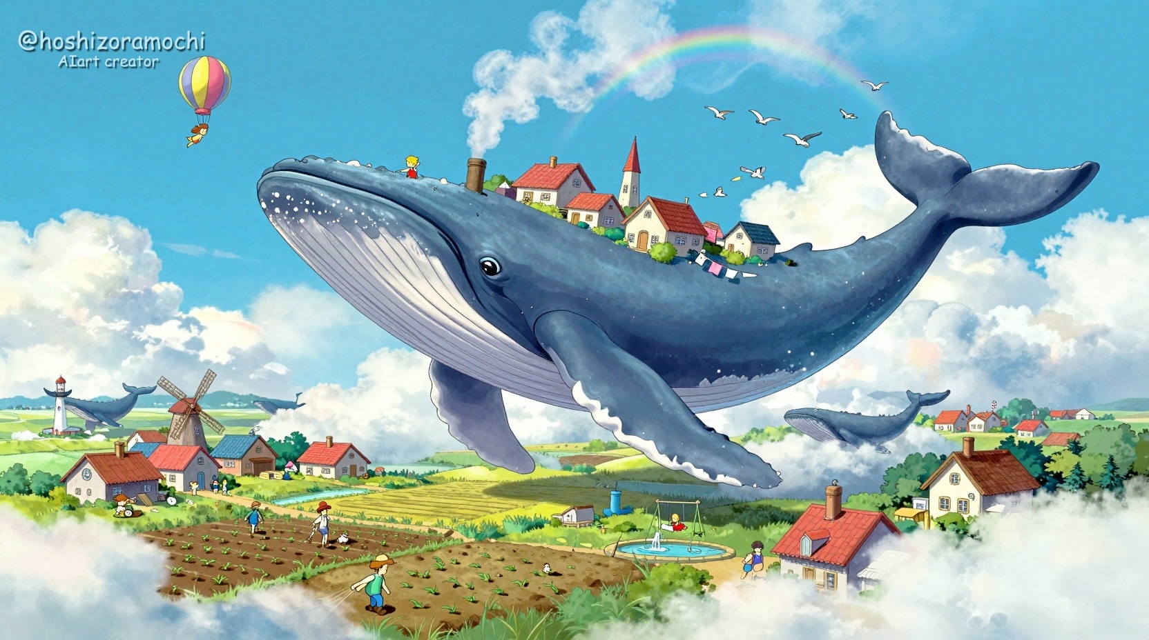 空飛ぶクジラの背中の小さな村🐋 | の人気AIイラスト・グラビア