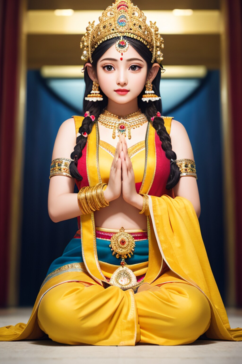 神殿で祈りを捧げる黒髪の少女