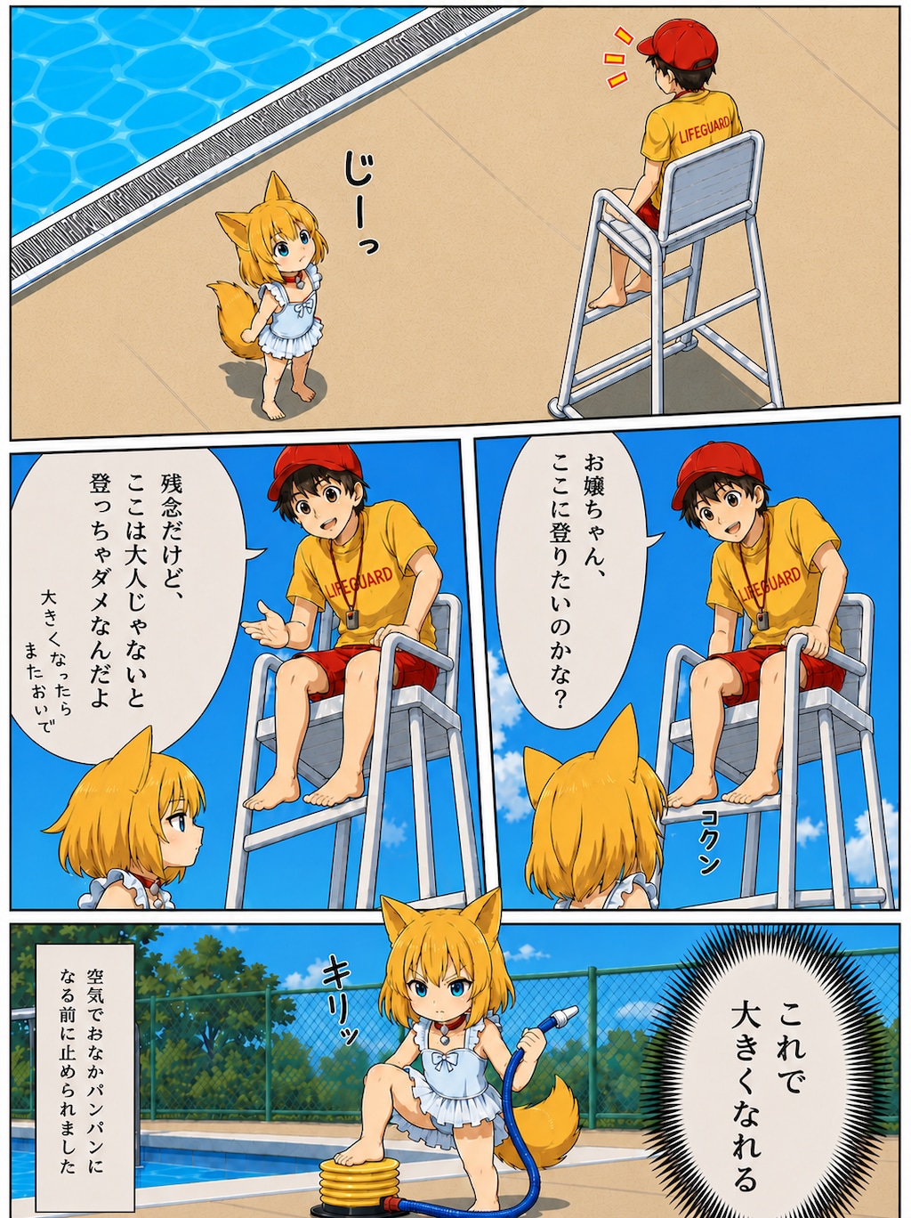 浮き輪のように空気を入れて体を膨らませようとチューブをくわえる５秒前のキツネ