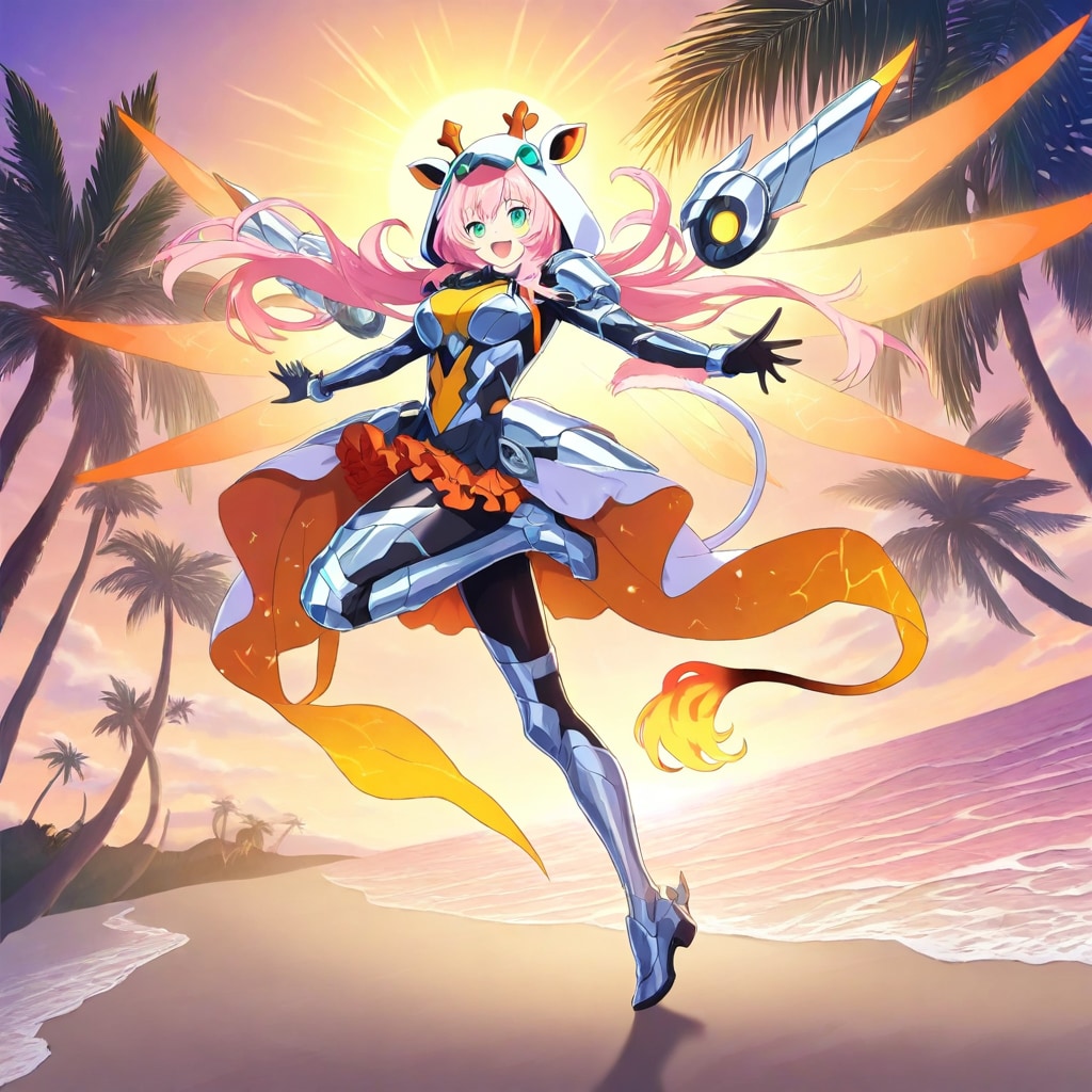 ビーチのキリン着ぐるみメカ娘ちび子ちゃんと謎のキリンマスコットちゃん