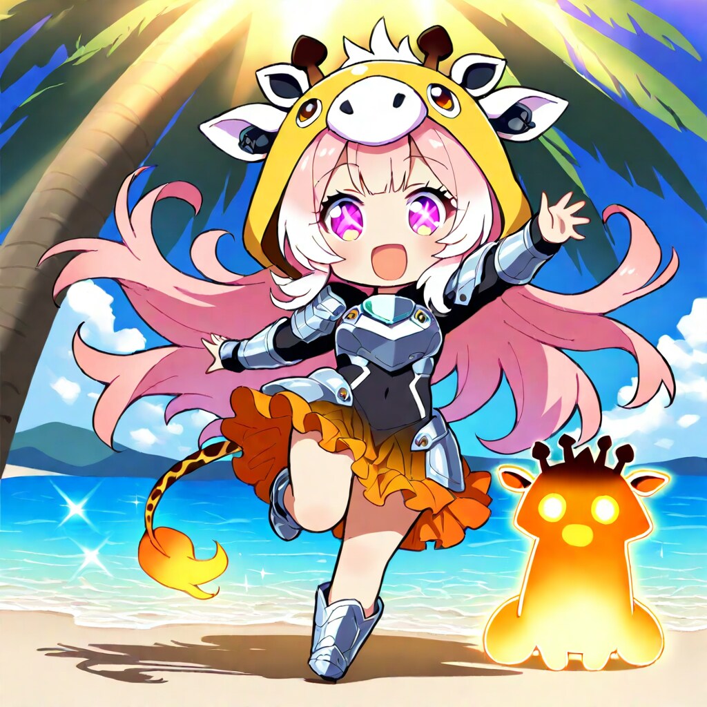 ビーチのキリン着ぐるみメカ娘ちび子ちゃんと謎のキリンマスコットちゃん | の人気AIイラスト・グラビア