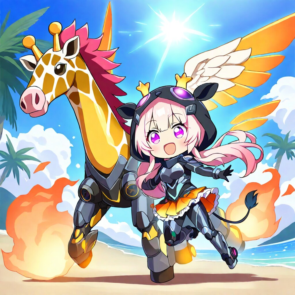 ビーチのキリン着ぐるみメカ娘ちび子ちゃんと謎のキリンマスコットちゃん