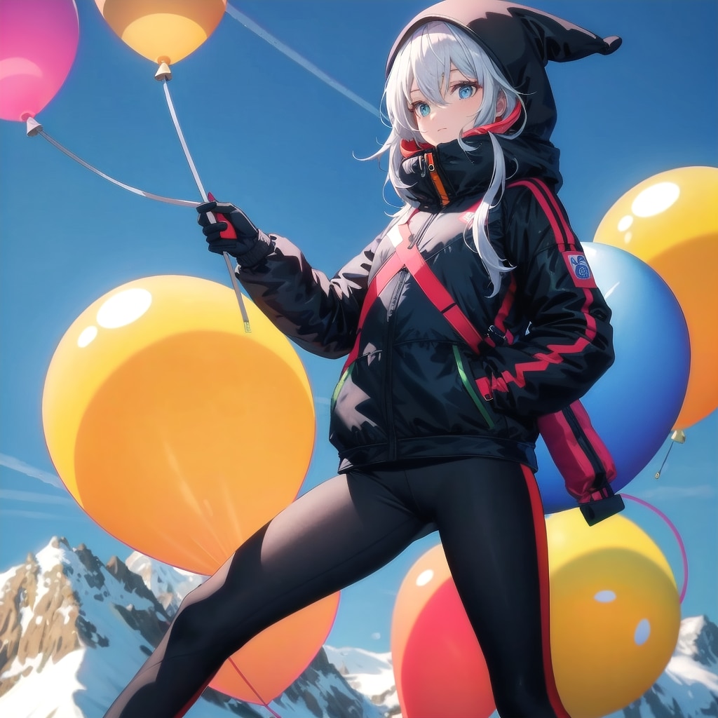 いっぱい色とりどりの巨大風船を持つスキージャンプ選手の美女。 | の人気AIイラスト・グラビア