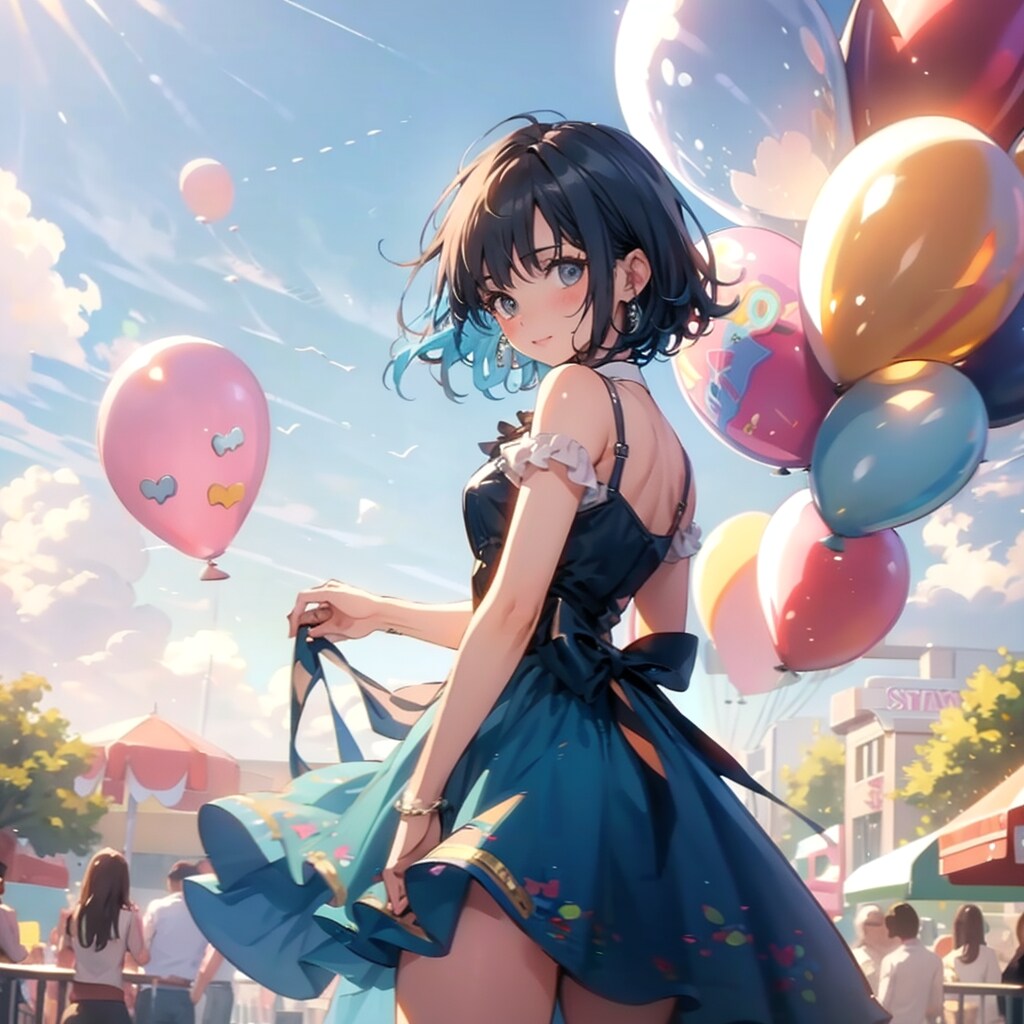 遊園地でいっぱい色とりどりの風船を持つショートカットの美女