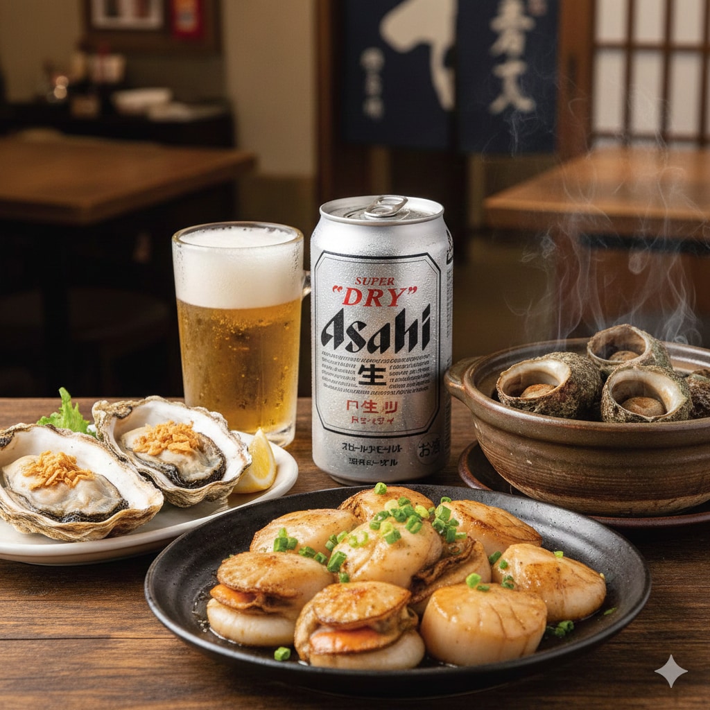 【晩飯】サザエの壺焼き、焼き牡蠣、ホタテのバター醤油焼き、キンキンのやつ