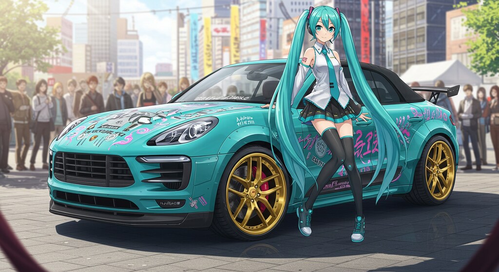 初音ミクとポルシェカイエンオープンカー