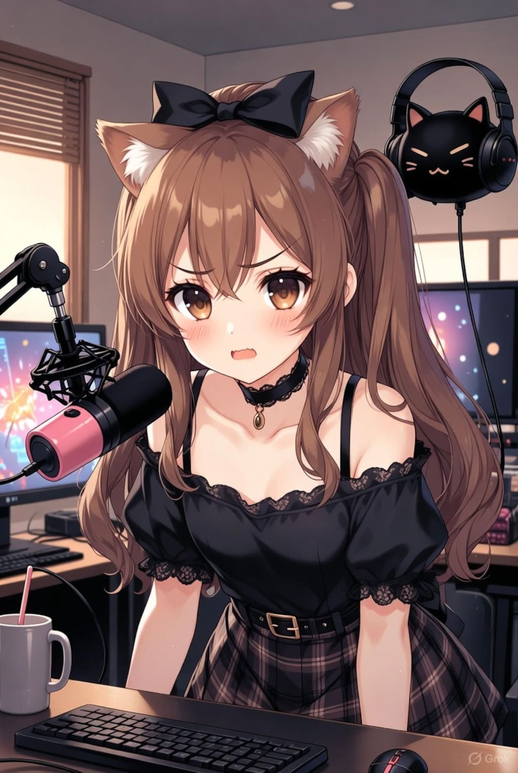 ゲーム実況する後ろのヘッドセット猫が本体かもしれない猫耳系女子