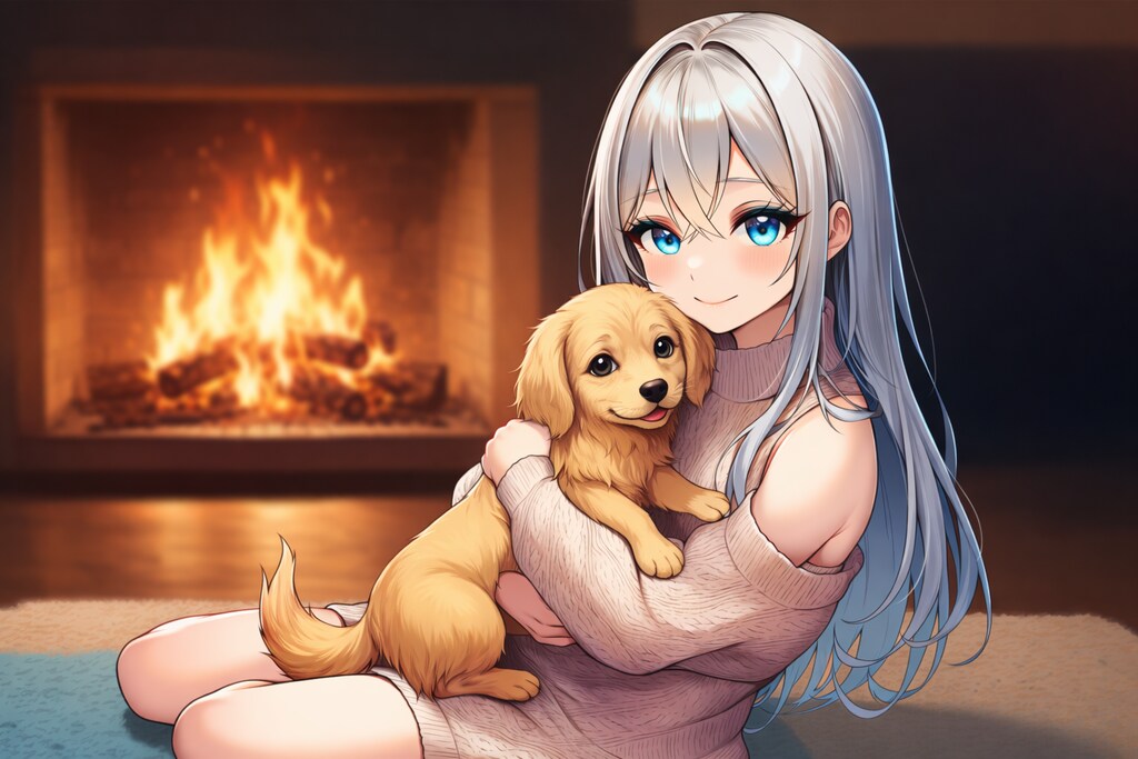 少女と子犬と暖炉