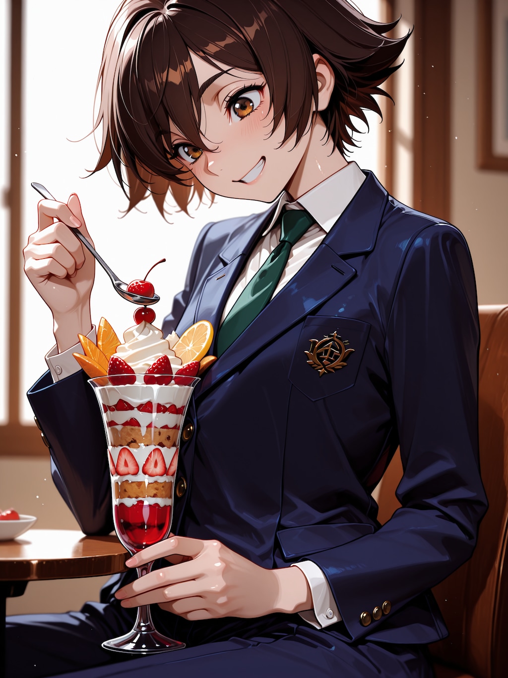 パフェを食べて喜ぶ玲